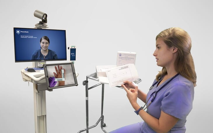 Nurse practitioner using SAFE-T System to collaborate with an expert during an exam